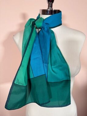 Vera Vintage silk Kelly Green Blue Color block Long rectangular scarf Mod